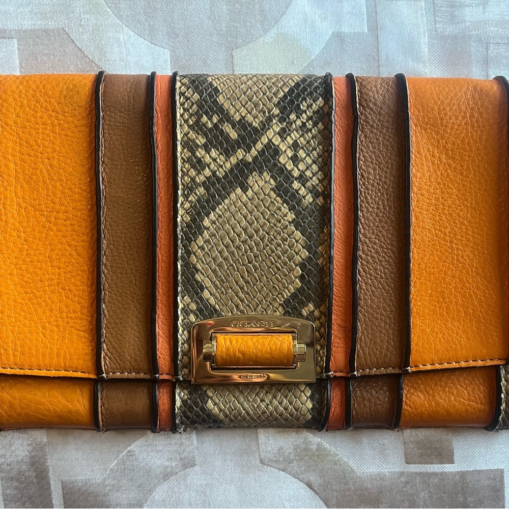Coach Orange & Brown Leather Clutch with Snakeskin Center